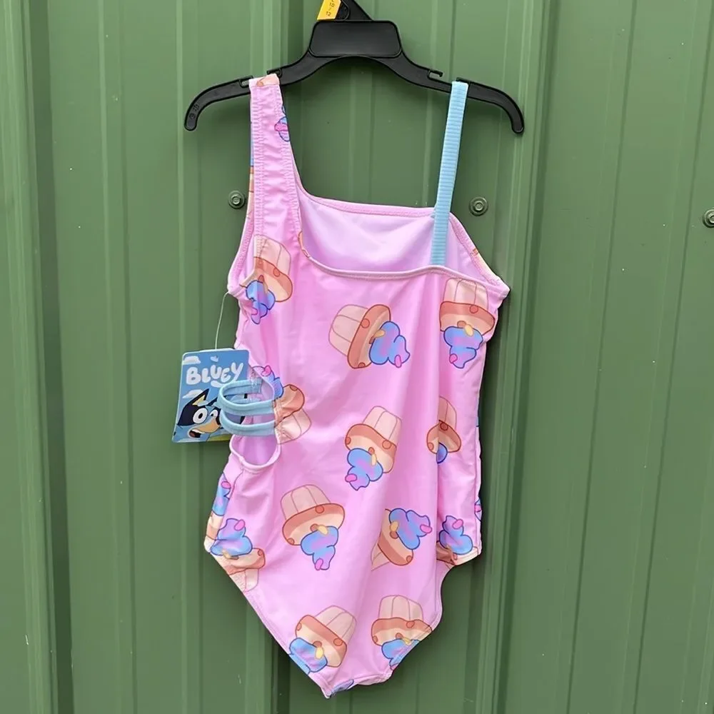 Bluey and Bingo Girls Cupcake Graphic One-Piece Swimsuit with UPF 50+, Size L